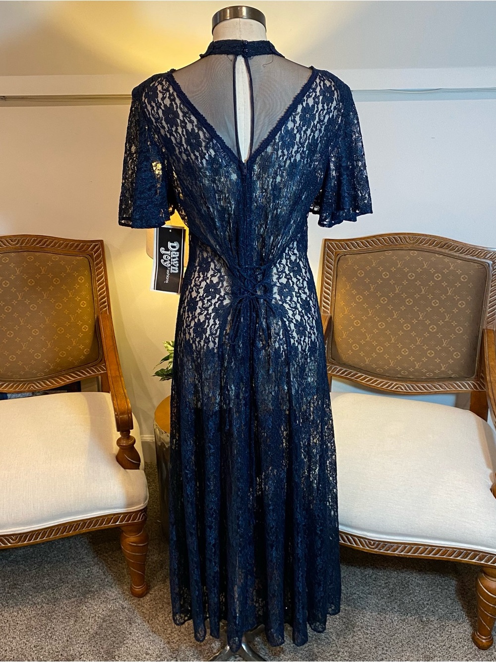Vintage Elegant Navy Blue Lace Maxi Dress w Sheer Yoke by Dawn Joy NWT Deadstock - Picture 3 of 8